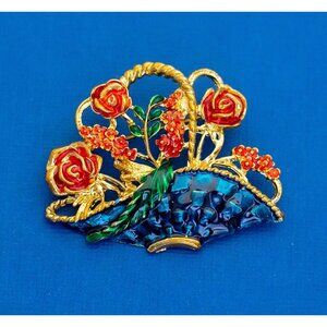 Vintage Red Rose Flower Basket Flower Bouquet Floral Brooch - D13
